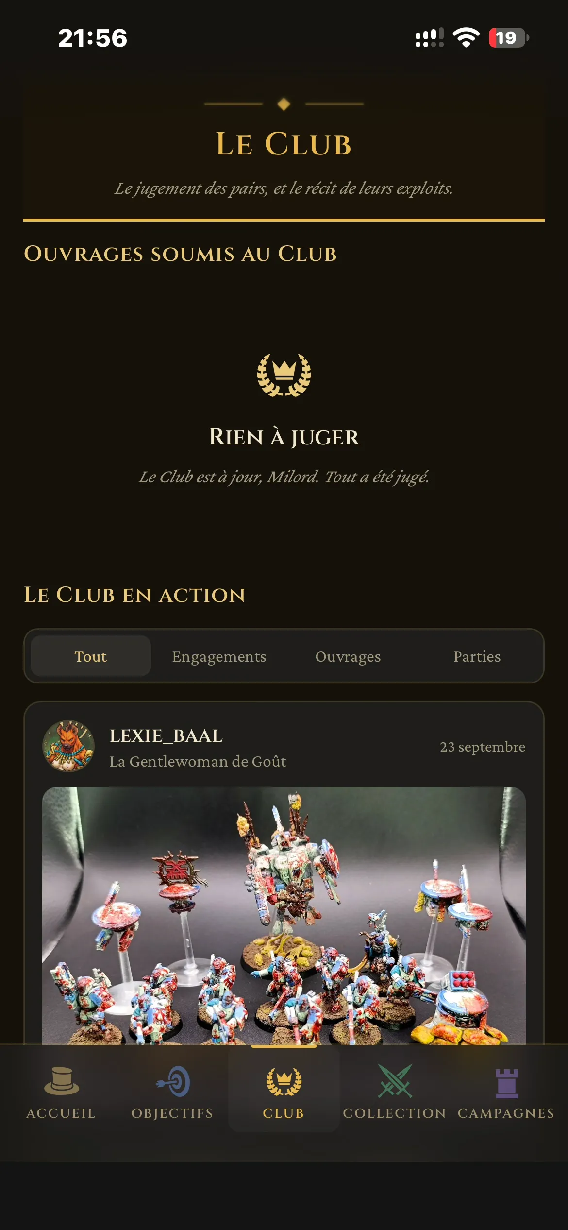 Écran du Club : le fil « Le Club en action », avec l'armée peinte partagée par une membre